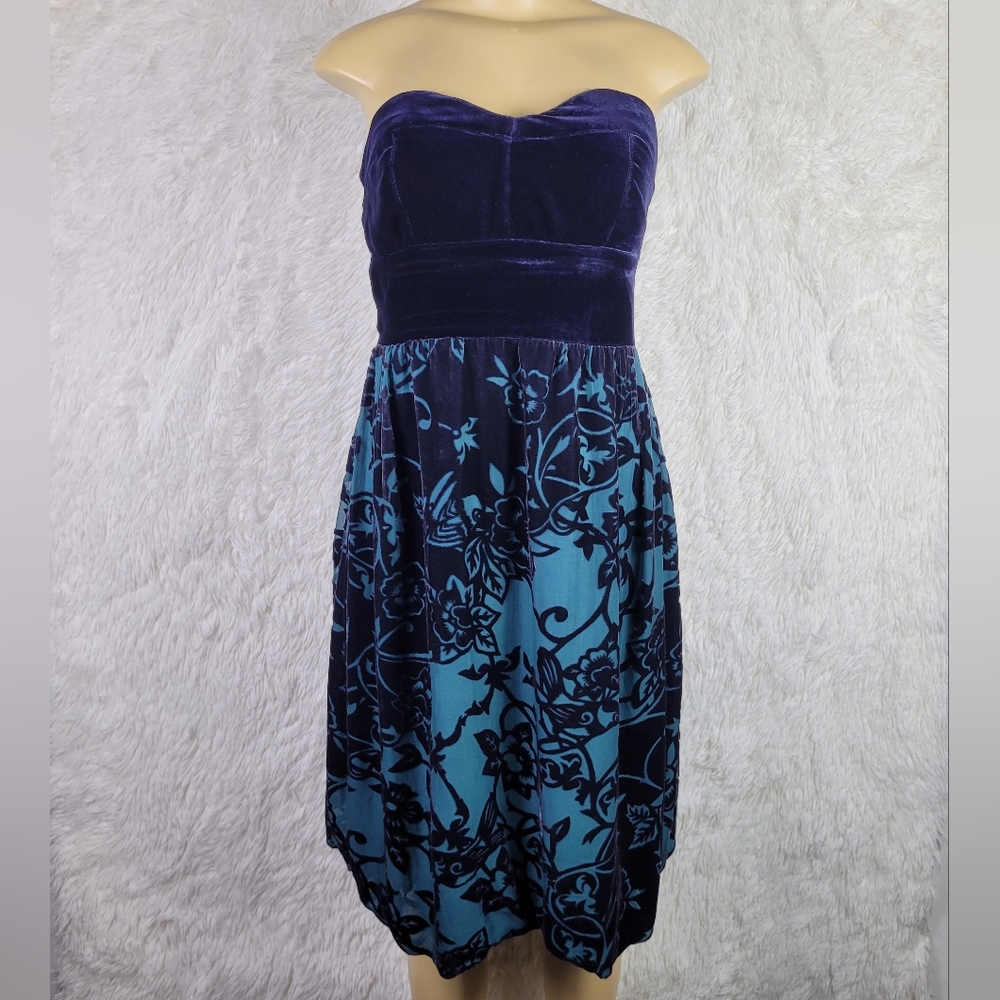 WDNY Teal Silk Blend Floral Velvet Burnout Strapless Empire Waist Dress Y2K Sz 4